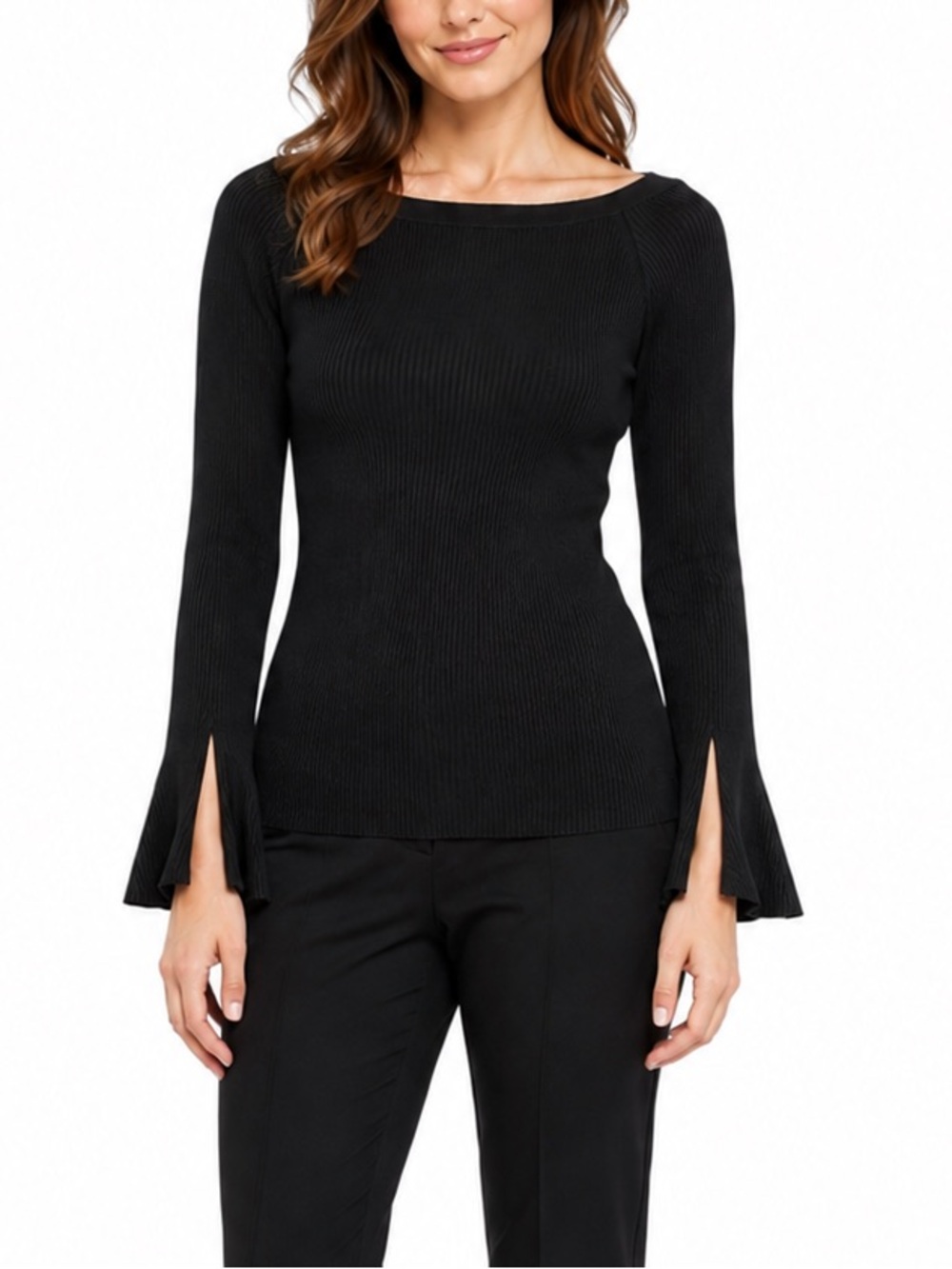 INC International Concepts Black Ribbed Knit Split Bell Sleeve Top Size Medium
